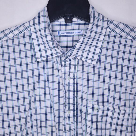 Southern Tide Linen Shirt Mens Large Check White, Green Casual Preppy - Picture 1 of 13